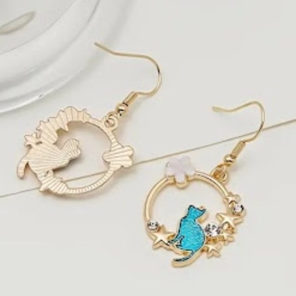 Cute Cat Earrings Geometric Circle Drop Gold Color Dangles - Picture 2 of 4